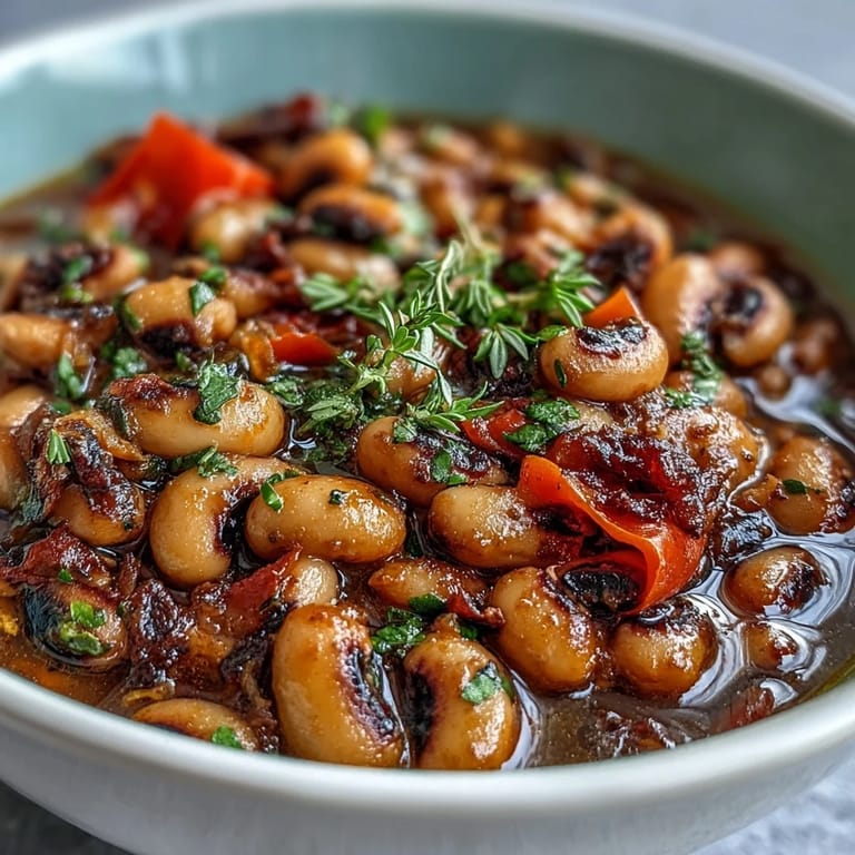 A close-up of Greek-Style Slow Cooker Black-Eyed Peas stew topped with parsley and feta, served with lemon wedges.