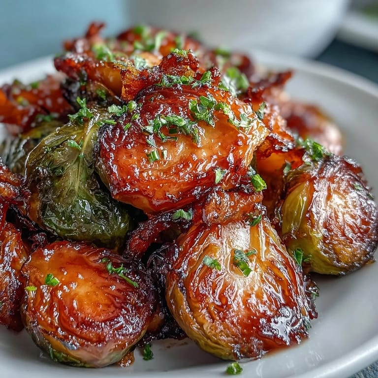 Caramelized Irresistible Orange Maple Glazed Brussels Sprouts on a plate, garnished and ready for a holiday dinner.