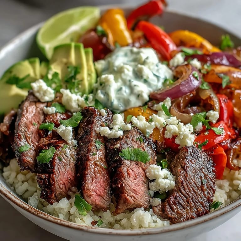 Steak fajita bowl with juicy steak, charred peppers, and onions on cauliflower rice, topped with cheese and lime.