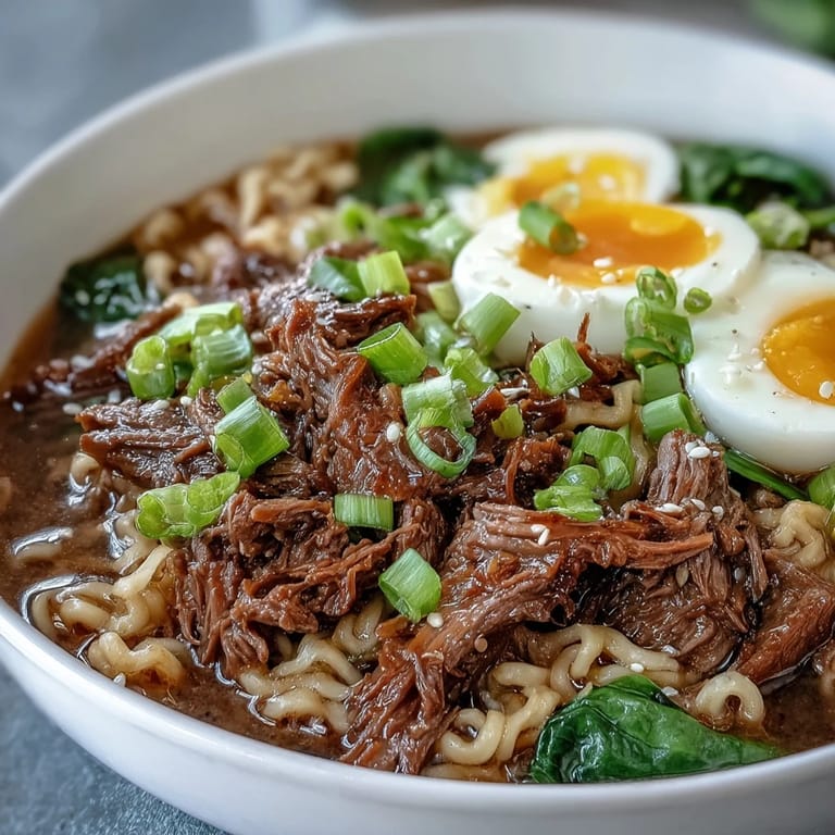 Fork-tender Slow Cooker Beef Ramen Noodles served with fresh ramen noodles, garnishes, and chili oil drizzle.