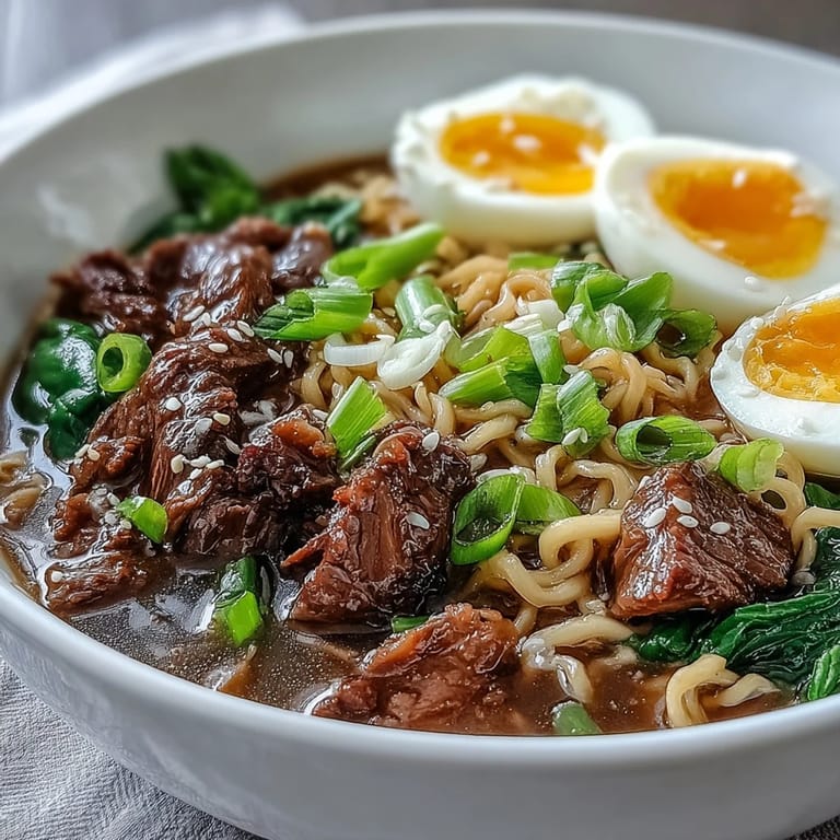 Slow Cooker Beef Ramen Noodles with tender shredded beef and wilted spinach in aromatic, savory broth.