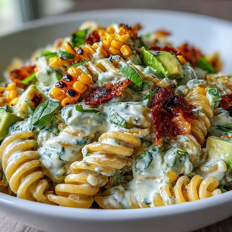 Spoonful of Creamy Street Corn Pasta Salad showing cotija and spicy cheddar, ready to serve as a hearty vegetarian main.