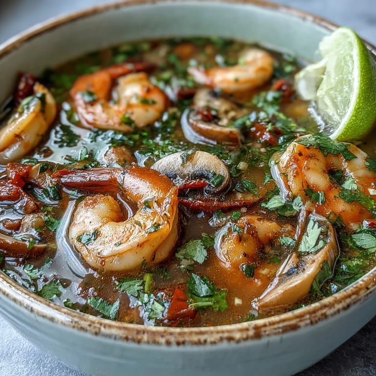 Thai chili heat and tangy lime juice balance in this aromatic Tom Yum Soup broth.