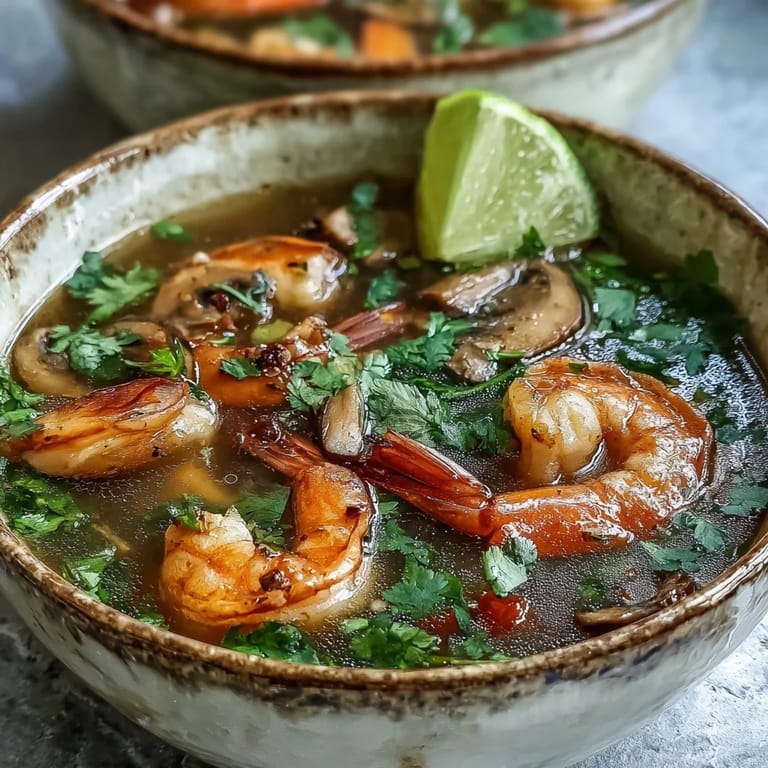 Overhead view of Tom Yum Soup with colorful vegetables and herbs in a rustic bowl.