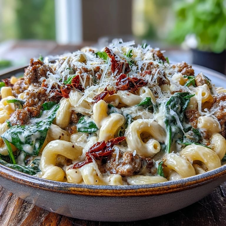Creamy Tuscan chili mac in a rustic bowl, featuring a rich tomato cream sauce and colorful vegetables. Comforting Italian-inspired dinner.
