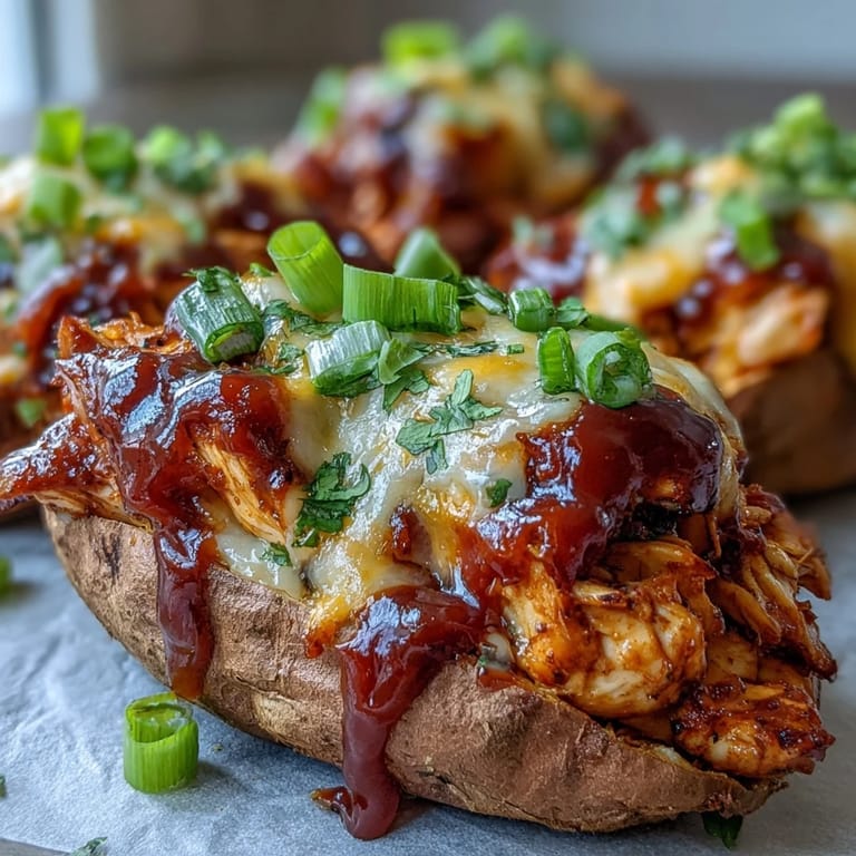 Fork-tender sweet potato boats filled with smoky honey BBQ chicken, topped with bubbling cheese and cilantro.