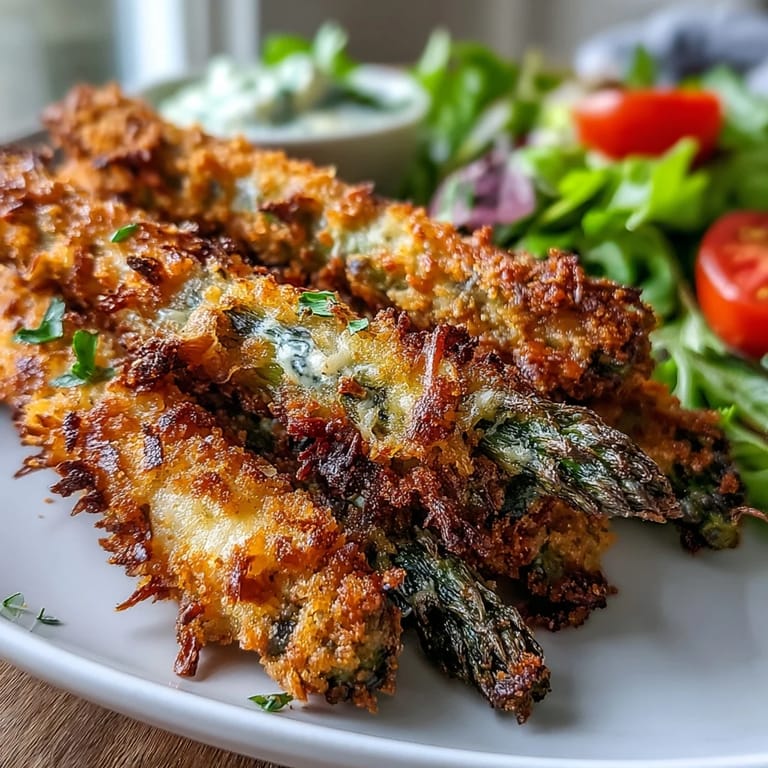 Close-up of Crispy Parmesan Asparagus Chicken Salad showing crispy golden asparagus and tender chicken on a bed of fresh greens.