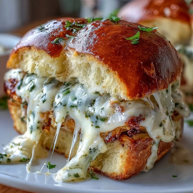 Twelve Pesto Chicken Parmesan Sliders arranged on parchment, garnished with fresh basil and a side of marinara.