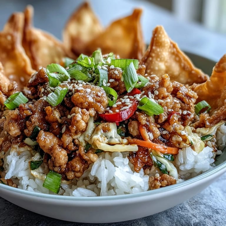 A close-up of the savory Crispy Baked Egg Roll Chicken Bowl featuring sautéed veggies, tender ground chicken, and a drizzle of savory sauce.
