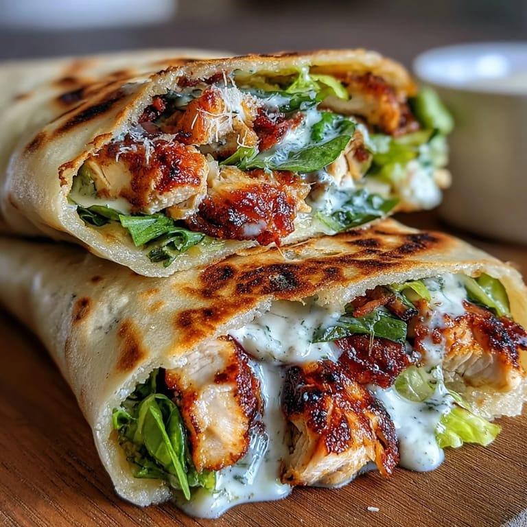 A cross-section of Garlic Naan Grilled Chicken Caesar Wraps shows tender chicken, Parmesan, and Caesar dressing.