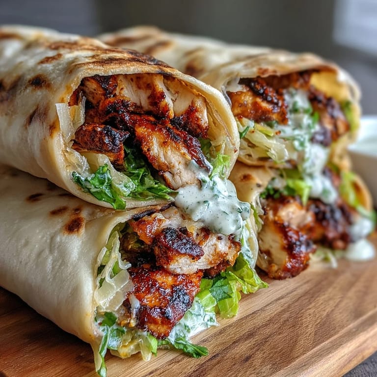 Juicy grilled chicken and fresh romaine fill warm garlic naan in this Garlic Naan Grilled Chicken Caesar Wraps recipe.