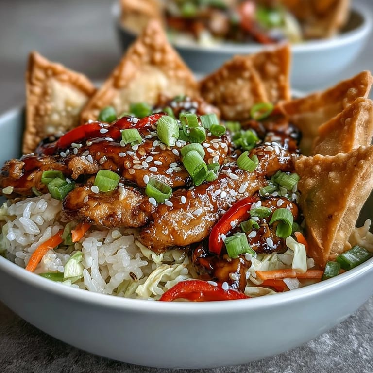 Crispy Baked Egg Roll Chicken Bowls feature savory ground chicken and crisp veggies, finished with sesame seeds and green onions.