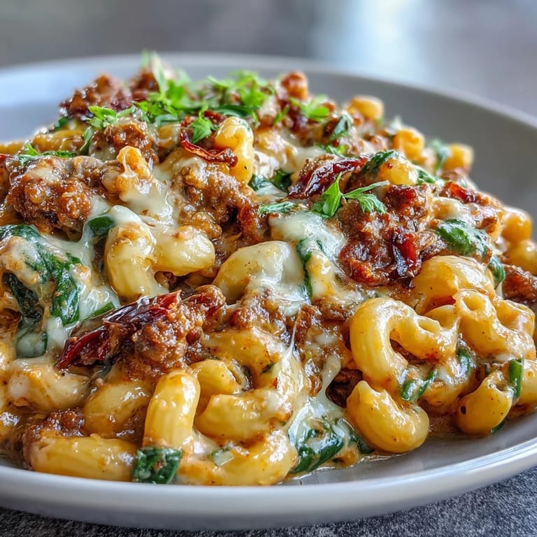 Close-up of Creamy Tuscan Chili Mac showing vibrant sun-dried tomatoes and wilted spinach in a creamy sauce.