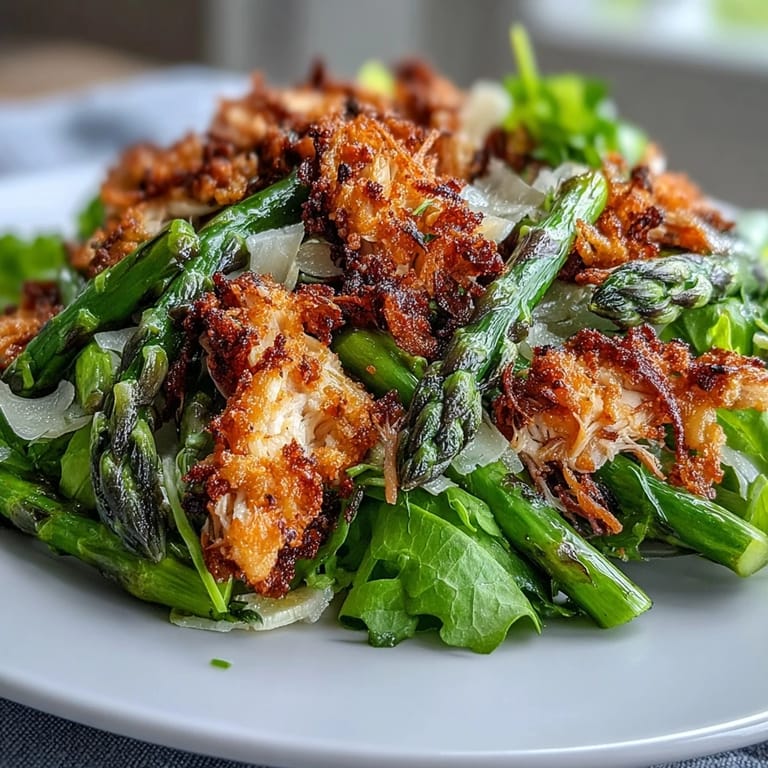 A plated serving of Crispy Parmesan Asparagus Chicken Salad showcases vibrant greens, red onion, and a drizzle of zesty lemon dressing.