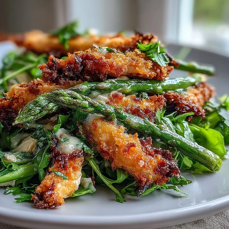 Close-up of Crispy Parmesan Asparagus Chicken Salad highlighting juicy chicken, golden baked asparagus, and shaved Parmesan on mixed salad greens.