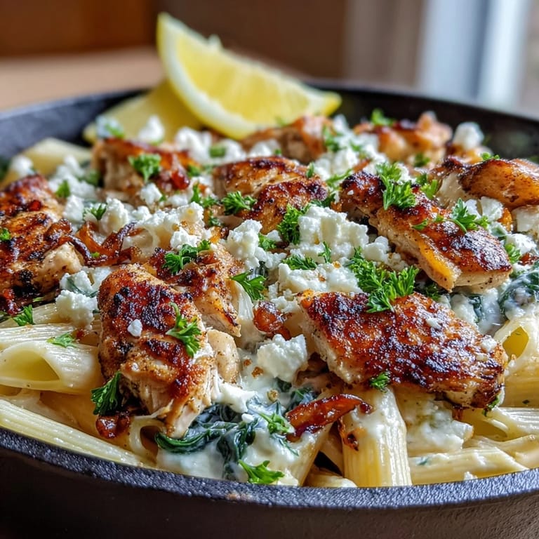 A steaming skillet of Greek Chicken Feta Pasta topped with fresh parsley and crumbled feta next to a glass of white wine.