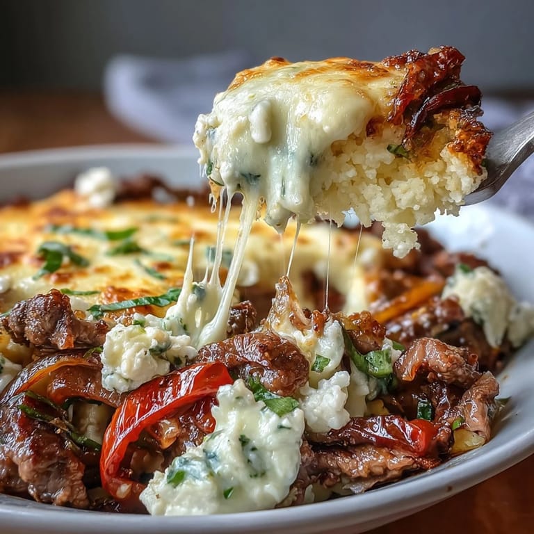 A hearty portion of Keto Philly Cheesesteak Casserole with Cauliflower Rice garnished with fresh parsley on a rustic table.