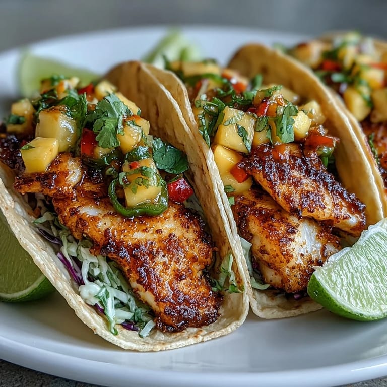 Two Light Mango Salsa Tilapia Tacos in Corn Tortillas filled with seasoned tilapia chunks, vibrant mango salsa, and red cabbage.