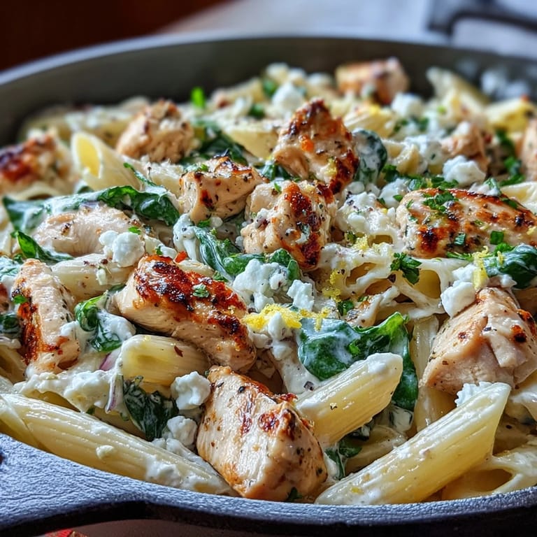 A warm serving of Greek Chicken Feta Pasta Skillet topped with extra feta and a lemon wedge.