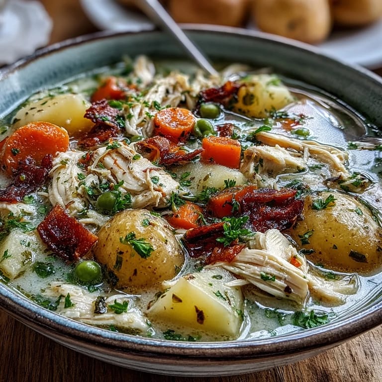 Creamy Chicken Pot Pie Soup ladled into a white bowl, served alongside crusty bread on a wooden table.