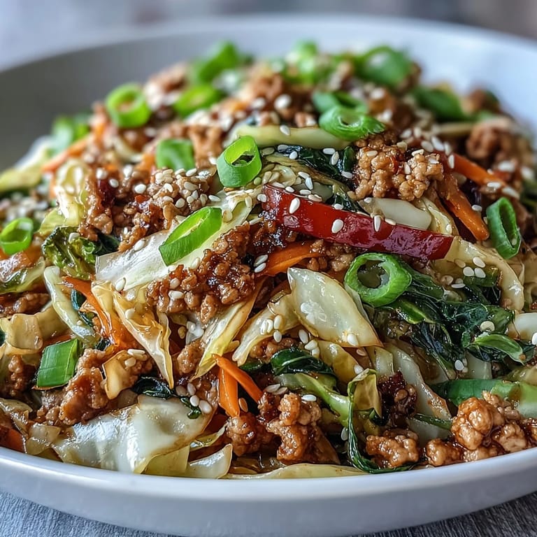 Freshly cooked high volume cabbage and turkey stir fry in a bowl, showing tender ground turkey mixed with shredded cabbage, carrots, and red bell pepper, ready to eat.
