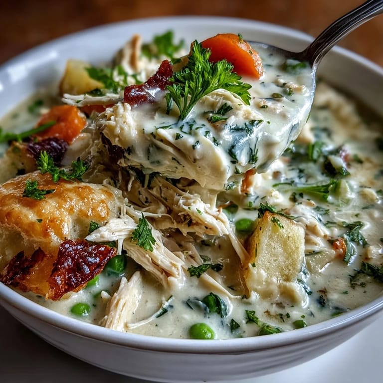 Hearty bowl of Chicken Pot Pie Soup with tender chicken, potatoes, and vegetables in a rich, creamy broth.  