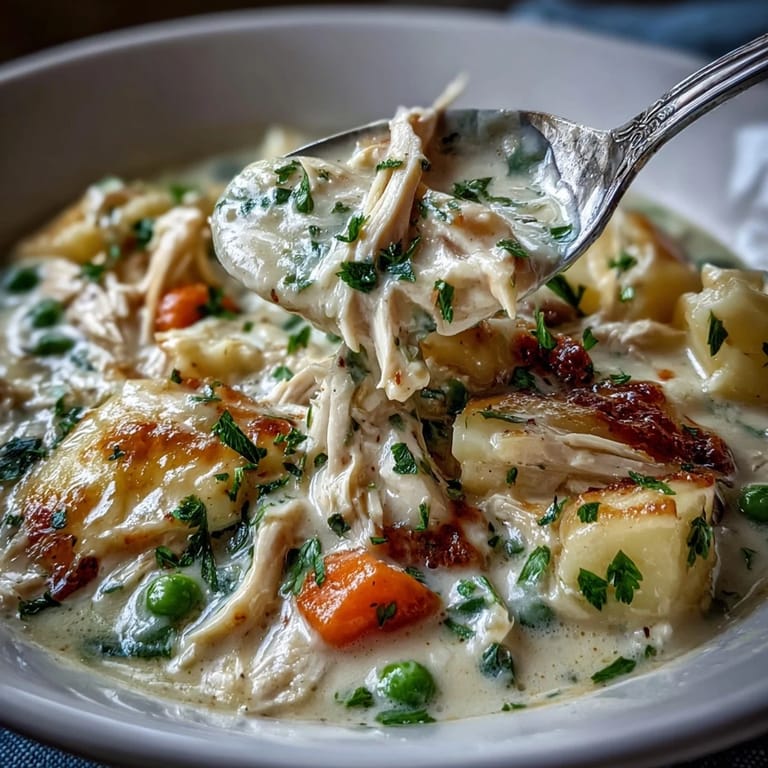 Close-up of Chicken Pot Pie Soup showcasing chunks of chicken, carrots, and peas in a thick, herb-infused cream base.