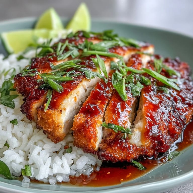 Juicy chicken cutlets simmered in sweet chili, honey, and lime sauce, served with fresh lime wedges for a vibrant Thai-inspired meal.  