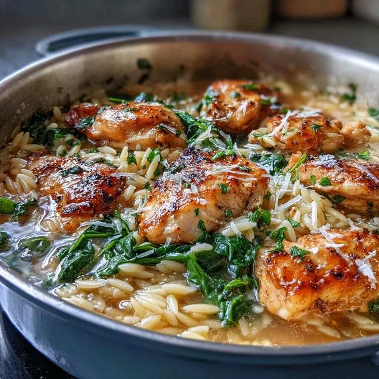 Golden-seared chicken simmers with orzo, garlic, and lemon in a single pot, finished with vibrant spinach and herbs for a cozy dinner.  