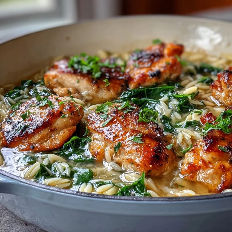 Aromatic lemon garlic chicken and orzo dish with juicy chicken, fresh baby spinach, and a sprinkle of Parmesan, served in a rustic skillet.