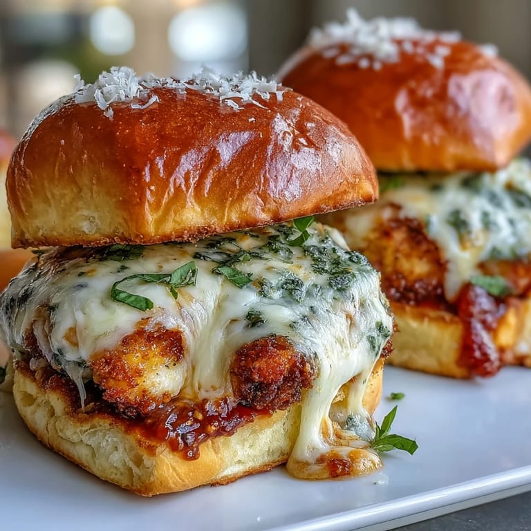 Delicious mini sliders featuring juicy pesto chicken, rich marinara, and gooey mozzarella, perfect for game day or parties.  