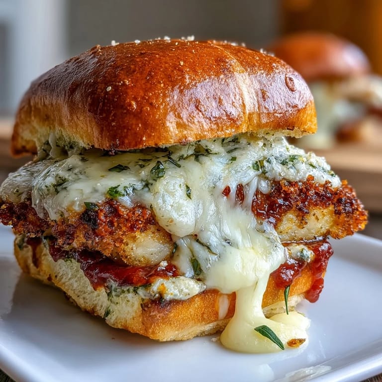 Easy baked pesto chicken parmesan sliders with crispy panko coating, basil pesto, and melted cheese on soft slider buns.