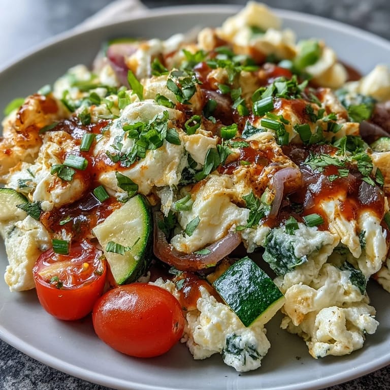 Light and nutritious egg white veggie scramble with sautéed peppers, zucchini, and salsa topping, ideal for weight loss and busy mornings.