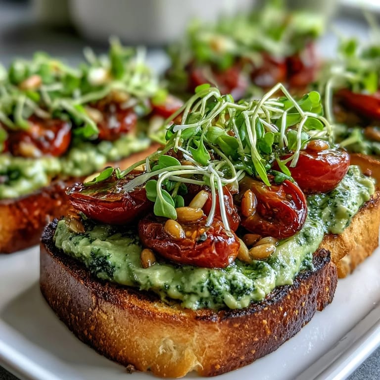 Creamy avocado pesto spread over golden sourdough, topped with vibrant cherry tomatoes and fresh microgreens.  