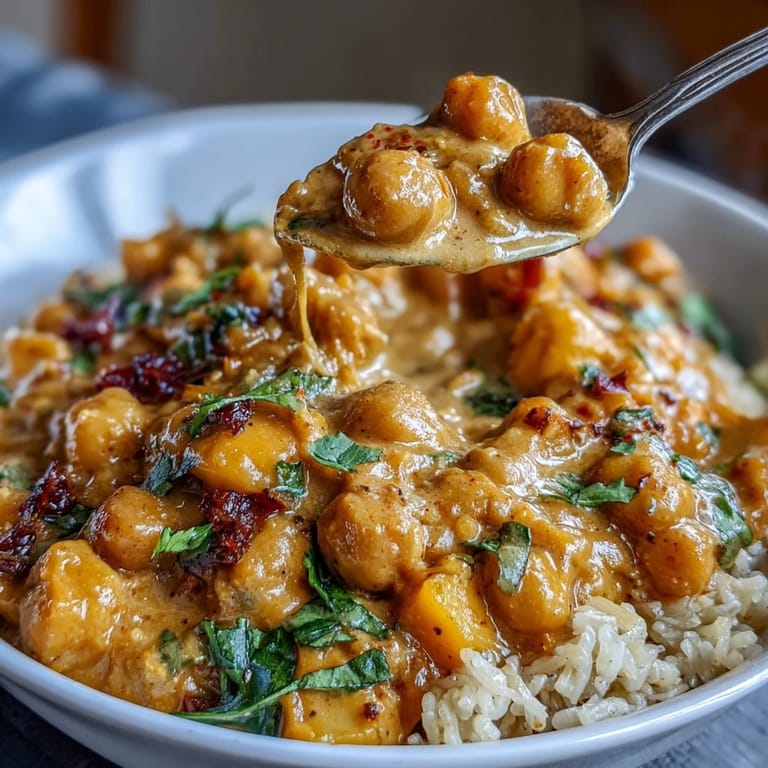 Quick 20-minute curry with chickpeas, red bell pepper, and aromatic spices served over fluffy rice.  