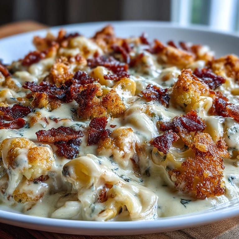 Low-carb comfort food featuring tender roasted cauliflower florets smothered in rich cheese sauce and crunchy bacon topping.  