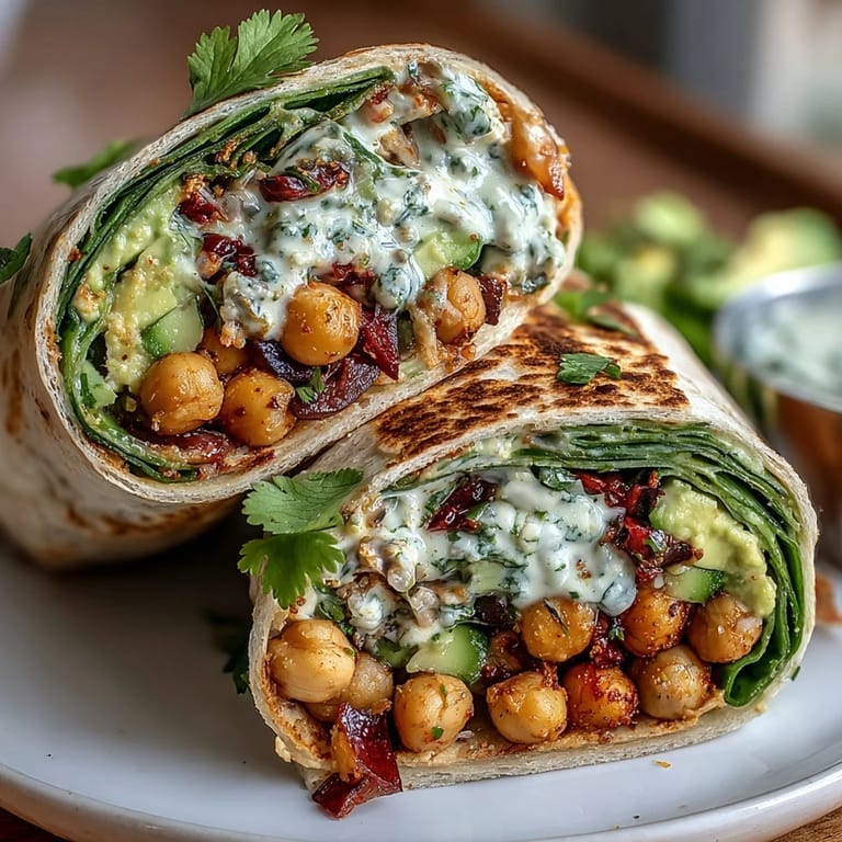 Plant-based chickpea avocado wrap with bold spices, sliced in half to showcase the hearty filling and fresh ingredients.