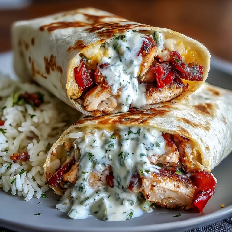 Golden chicken and colorful bell peppers wrapped in a soft tortilla with rice and cheese, perfect for a quick Tex-Mex meal.  