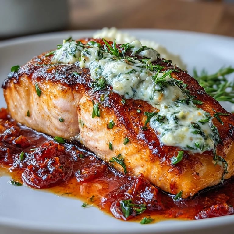 Golden-brown salmon fillets in a rich, creamy sauce with sun-dried tomatoes and garlic, ready to serve.  