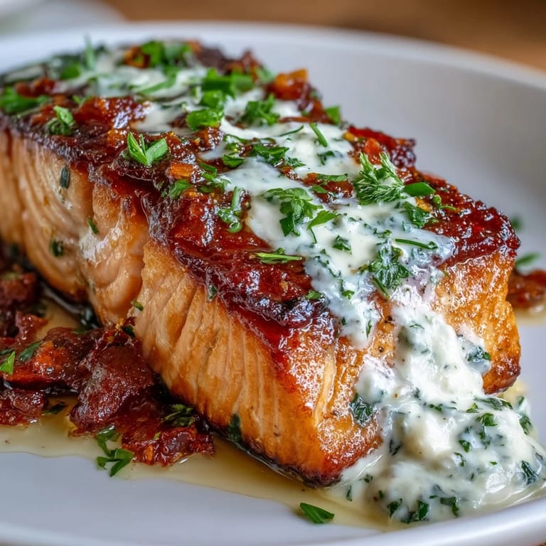 Elegant salmon dinner with tender fillets in a luscious garlic cream sauce, perfect for a romantic meal.
