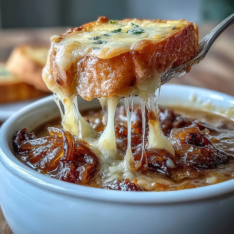 Deeply flavored French onion soup with slow-cooked onions and cheesy sourdough Gruyere crostini, ideal for warming up on chilly evenings.