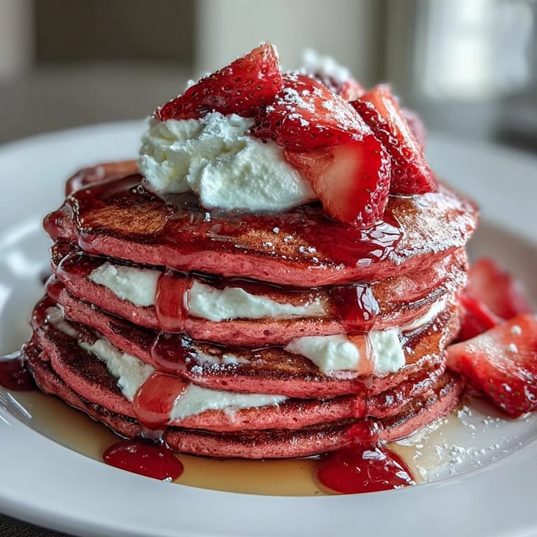 Golden pink pancakes drizzled with strawberry compote and whipped cream, an eye-catching Galentine's brunch centerpiece for sharing.