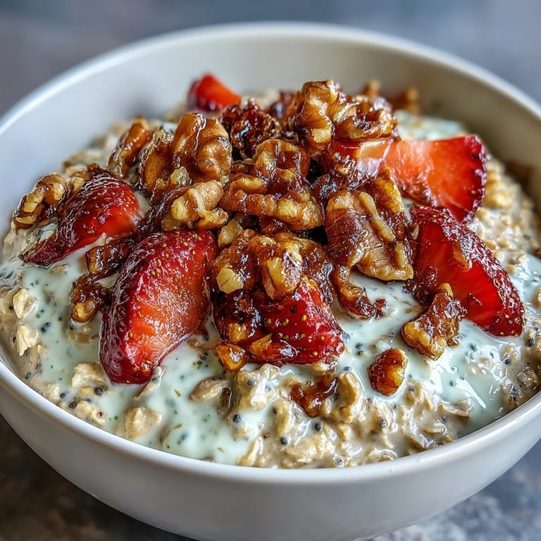 Velvety Greek yogurt oats topped with juicy strawberries and golden maple-glazed walnuts in a rustic glass jar.  