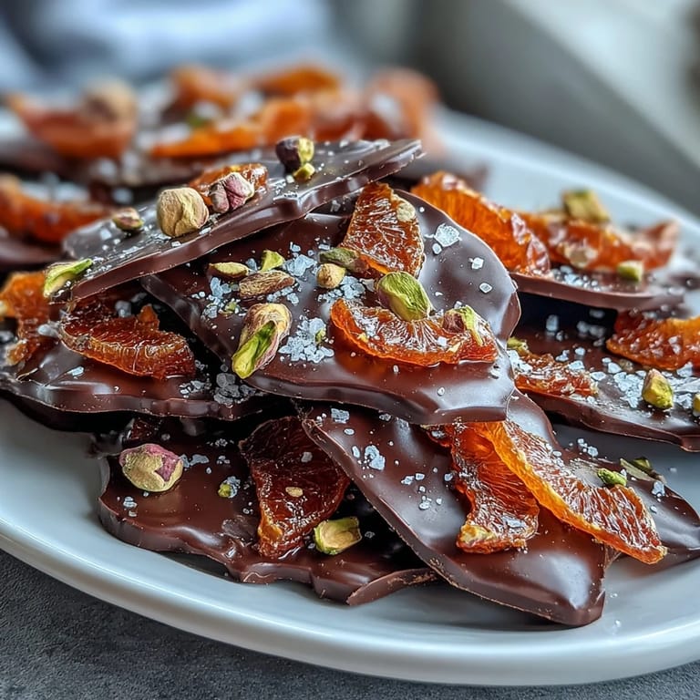 Rich bittersweet chocolate topped with vibrant candied orange peel and a sprinkle of sea salt for a gourmet treat.  