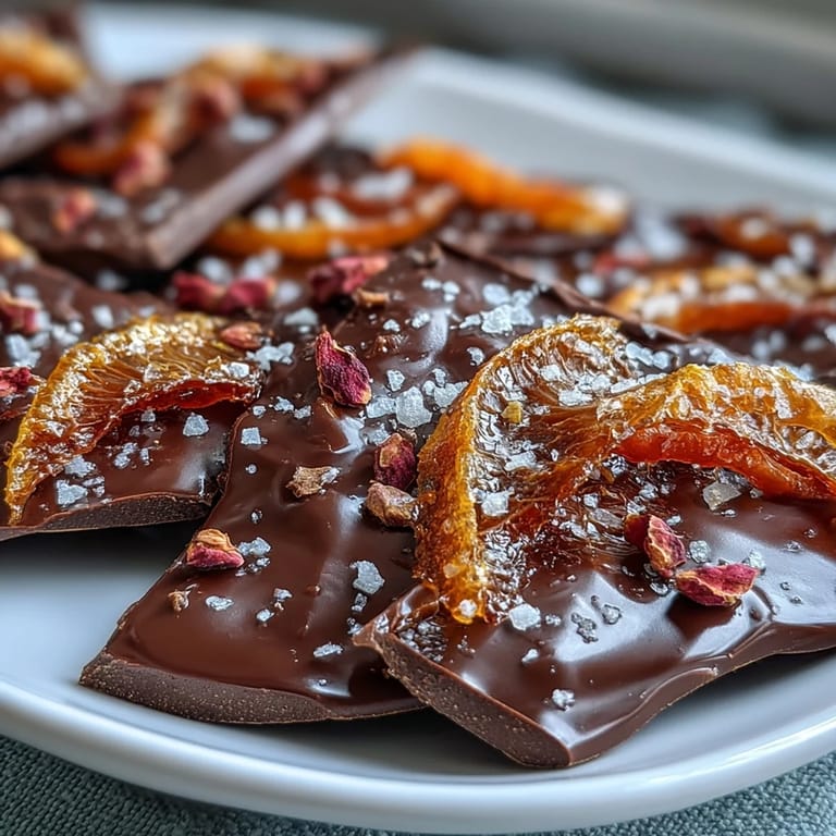 Elegant dark chocolate bark studded with sweet candied orange peel, ideal for Valentine's Day or dessert platters.