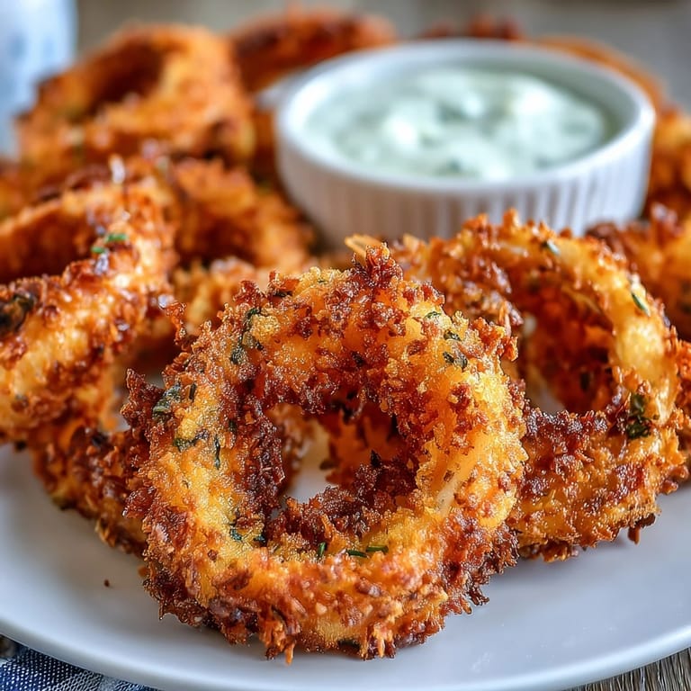 Hot and crispy onion rings fresh from the air fryer, served alongside a rich, tangy garlic aioli dipping sauce.