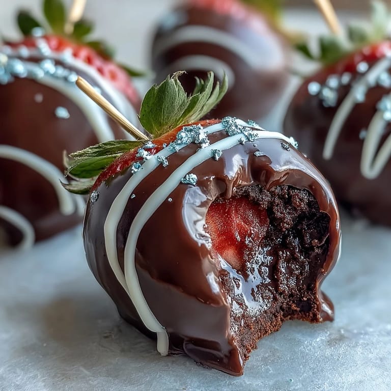 Fresh strawberries coated in rich dark chocolate and drizzled with white chocolate, ready to impress as an edible gift.