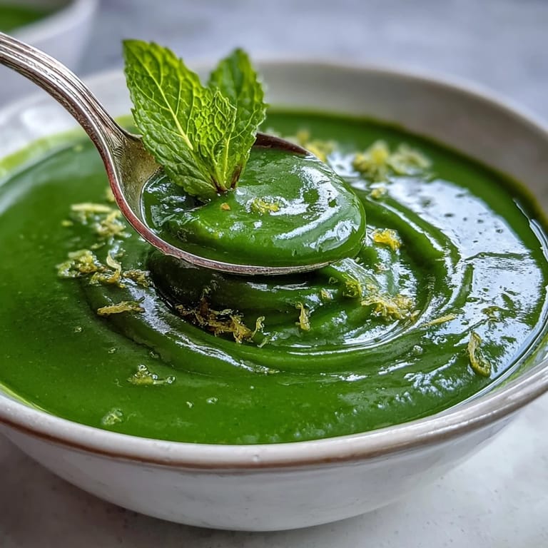 Creamy green detox vegetable soup with zucchini and peas, blended until smooth, served hot with a swirl of olive oil and fresh herbs.