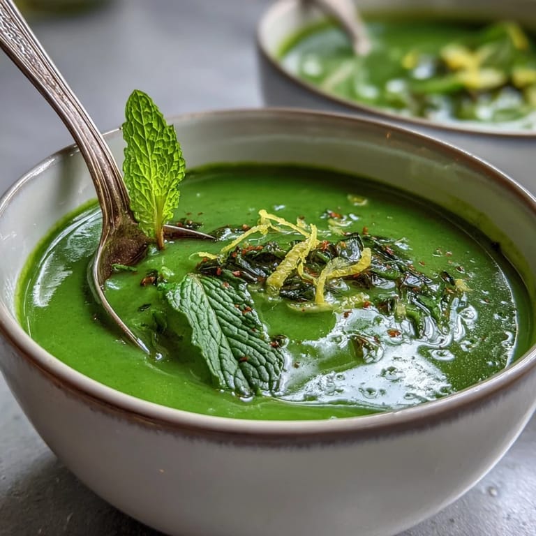 Nourishing green detox vegetable soup with zucchini and peas, packed with spinach, broccoli, and bright lemon flavor, perfect for a light meal.