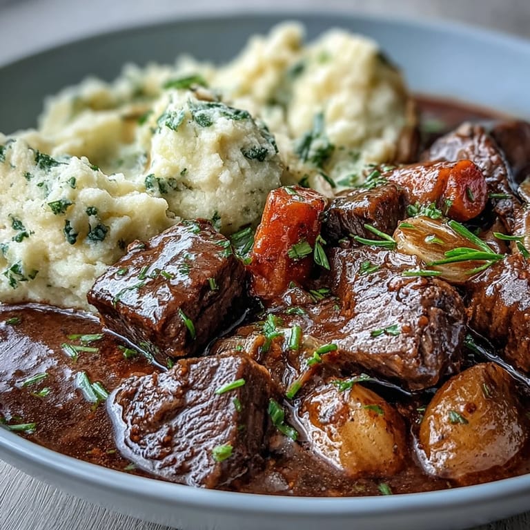 Comforting Irish beef stew made with red wine and herbs, served alongside low-carb cauliflower mash for a cozy meal.